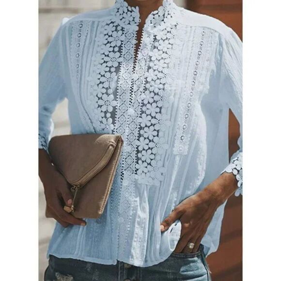 Boho Pastel Blue Crochet Lace Cut Out V-Neck 3/4 Sleeve Top Blouse - Picture 4 of 8